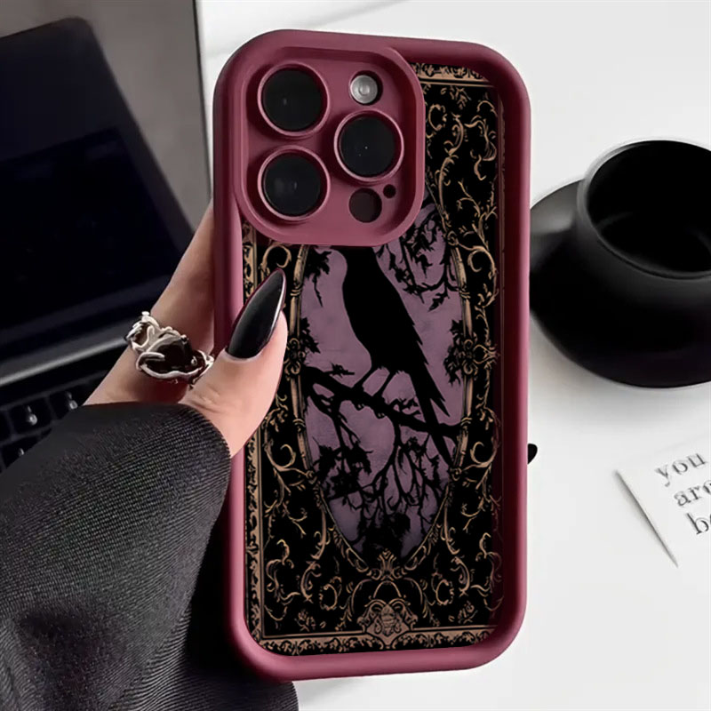 Phone Cases Aesthetic - Ästhetische schwarze Krähenmuster weinrote Handyhülle für