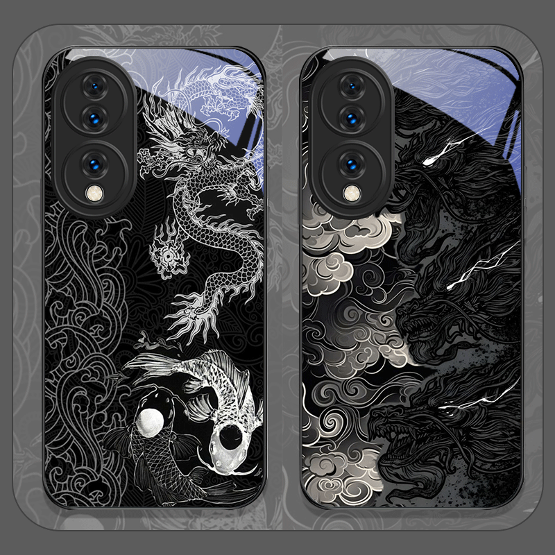Phone Cases Aesthetic - Ästhetische Coole Schwarze Drachen-Bedruckte Gehärtete Glas-Handyhülle
