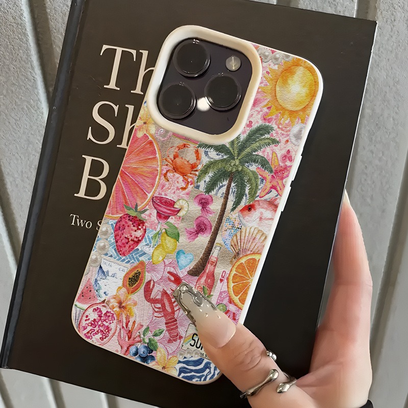 Phone Cases Beach - Sommer Strandparty Collage-Muster Lychee-Textur Handyhülle für